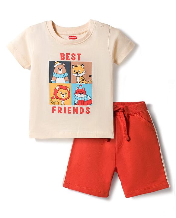 Babyhug Single Jersey Knit Half Sleeves T-Shirt & Shorts Set with Animal Print - Rust Orange