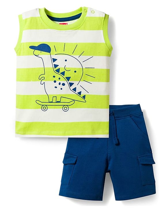 Babyhug Single Jersey Knit Sleeveless Striped Dino Printed Tank T-Shirt & Shorts Set - Multicolor