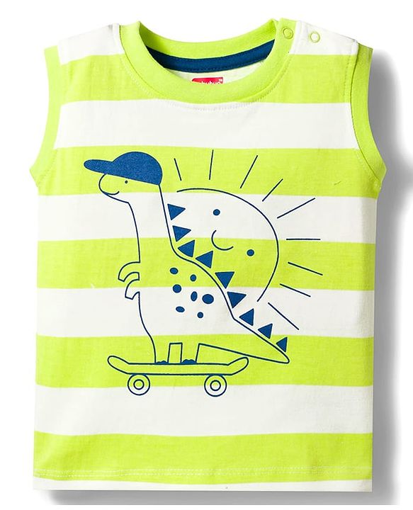 Babyhug Single Jersey Knit Sleeveless Striped Dino Printed Tank T-Shirt & Shorts Set - Multicolor