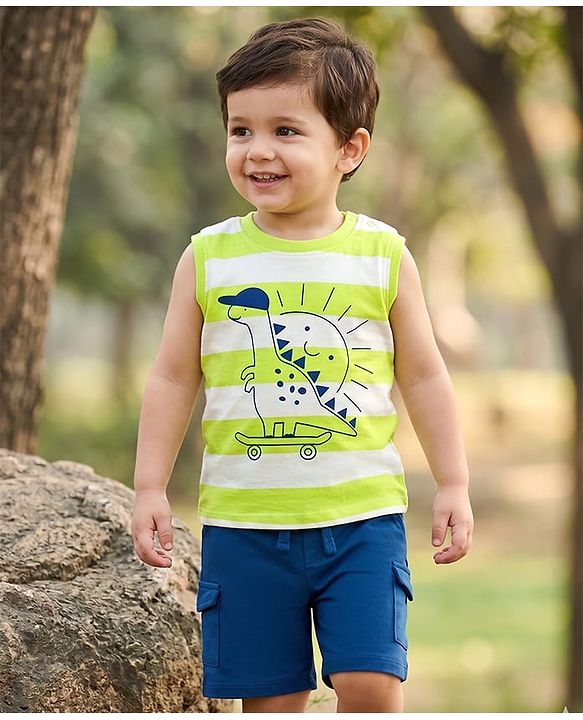 Babyhug Single Jersey Knit Sleeveless Striped Dino Printed Tank T-Shirt & Shorts Set - Multicolor