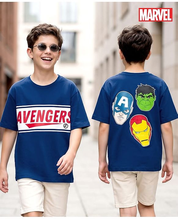 Pine Kids Marvel Cotton Knit Drop Shoulder Half Sleeves T-Shirt with Front & Back Avengers Graphic - Navy Blue