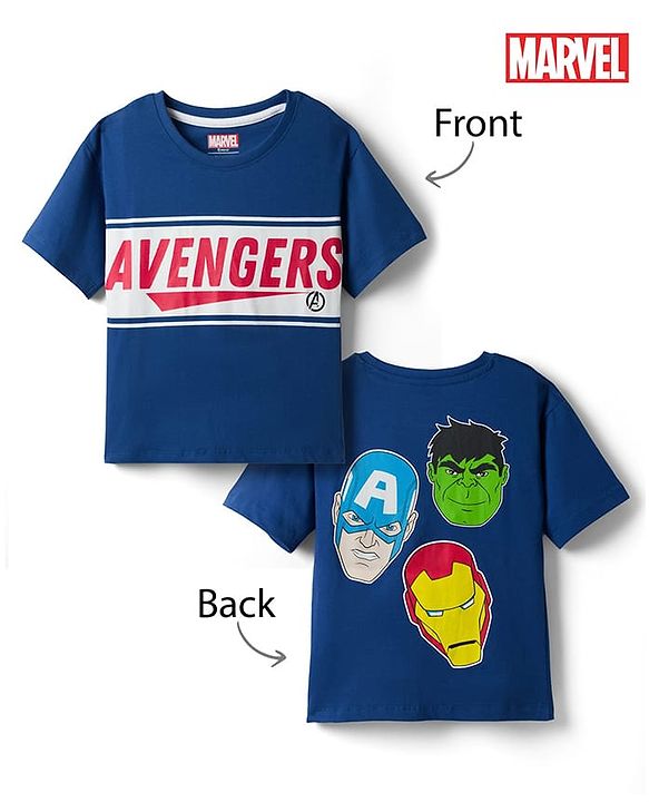 Pine Kids Marvel Cotton Knit Drop Shoulder Half Sleeves T-Shirt with Front & Back Avengers Graphic - Navy Blue