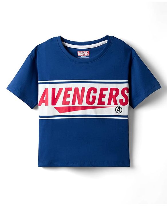 Pine Kids Marvel Cotton Knit Drop Shoulder Half Sleeves T-Shirt with Front & Back Avengers Graphic - Navy Blue
