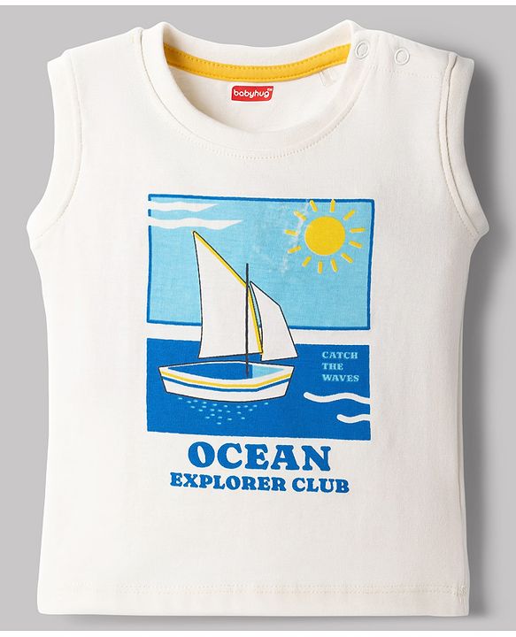 Babyhug Single Jersey Knit Sleeveless T-Shirt & Shorts Set With Sailboat Print - White & Blue