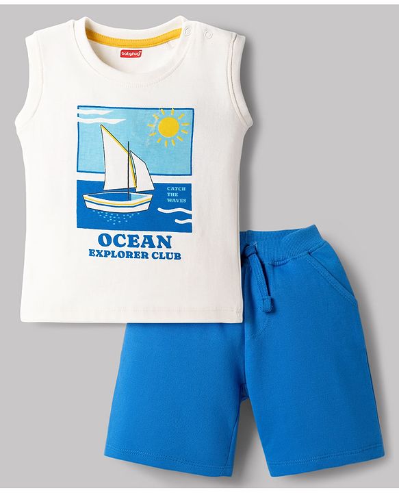 Babyhug Single Jersey Knit Sleeveless T-Shirt & Shorts Set With Sailboat Print - White & Blue