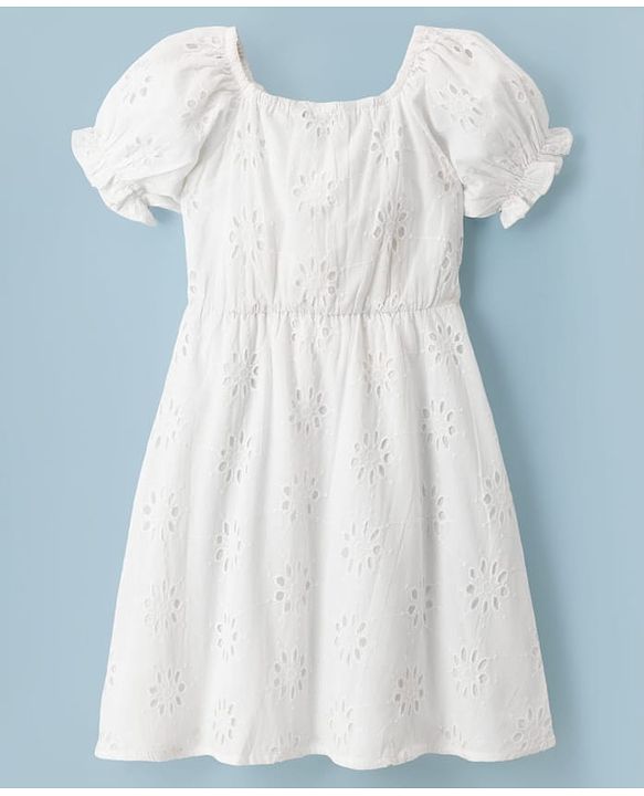 Pine Kids Schiffili Woven Half Puffed Sleeves Solid Colour Dress- White