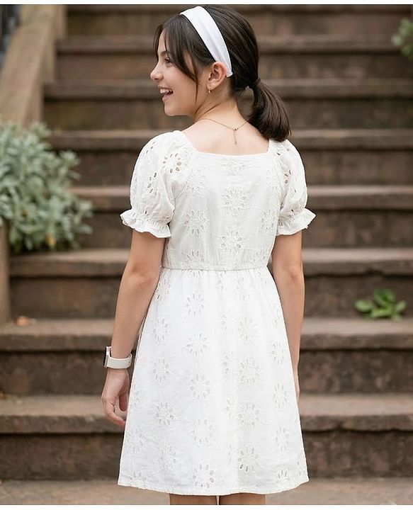 Pine Kids Schiffili Woven Half Puffed Sleeves Solid Colour Dress- White