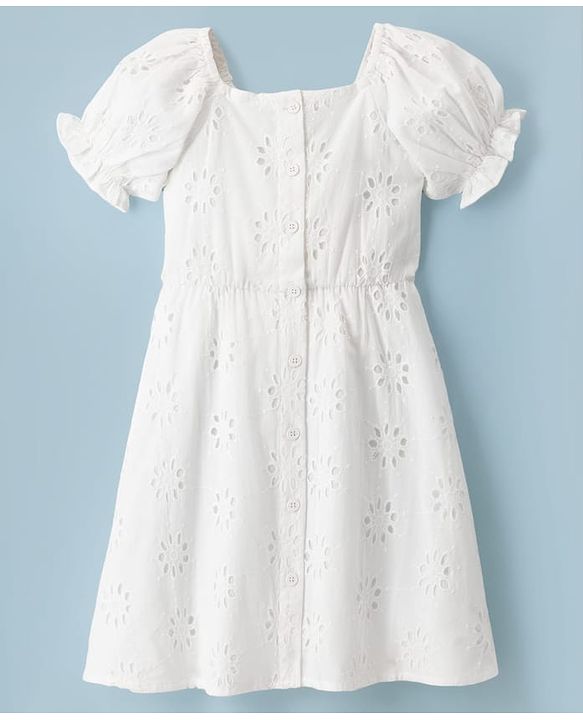 Pine Kids Schiffili Woven Half Puffed Sleeves Solid Colour Dress- White