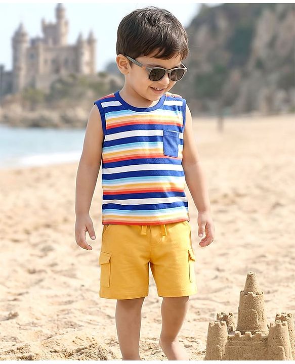 Kookie Kids Single Jersey Knit Sleeveless Striped T-Shirt & Shorts Set - Yellow & Navy Blue