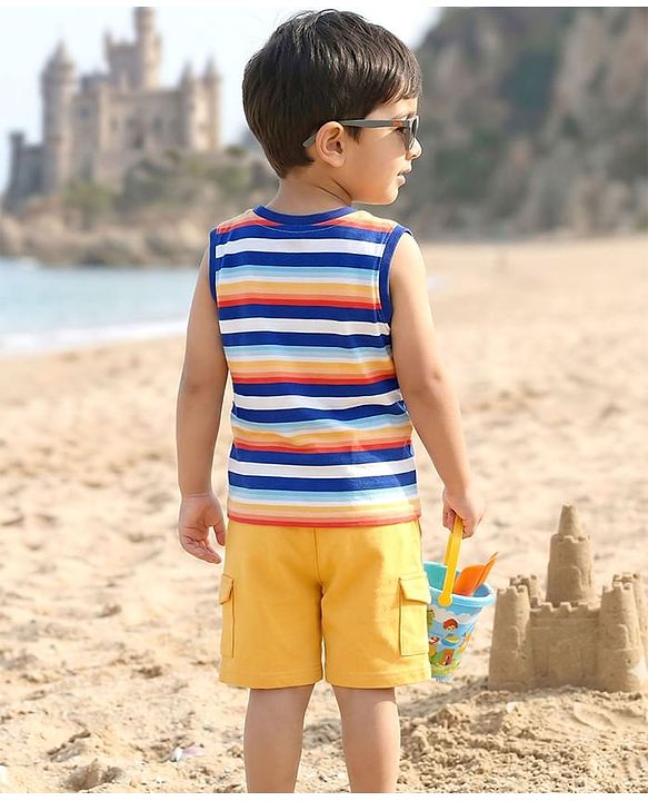 Kookie Kids Single Jersey Knit Sleeveless Striped T-Shirt & Shorts Set - Yellow & Navy Blue
