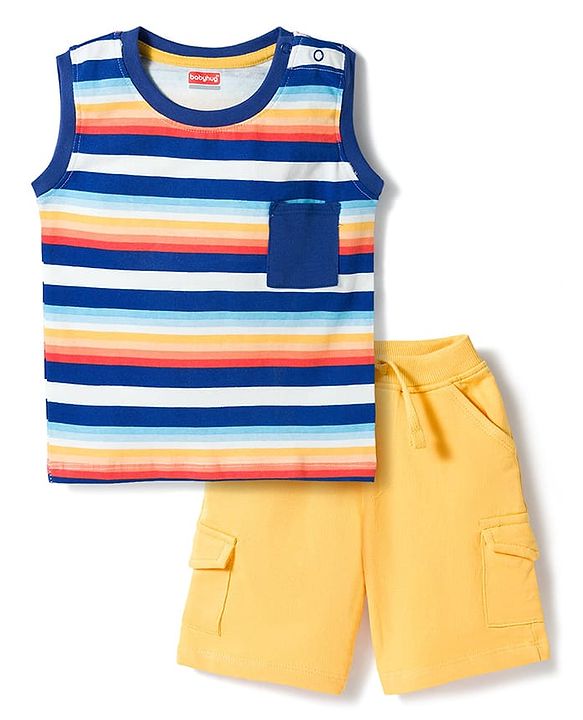 Kookie Kids Single Jersey Knit Sleeveless Striped T-Shirt & Shorts Set - Yellow & Navy Blue
