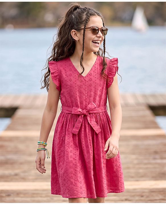 Pine Kids Schiffili Woven Half Puffed Sleeves Solid Colour Dress- Fuchsia
