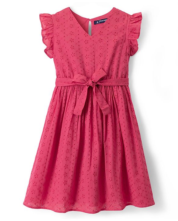 Pine Kids Schiffili Woven Half Puffed Sleeves Solid Colour Dress- Fuchsia