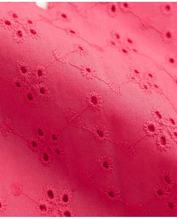 Pine Kids Schiffili Woven Half Puffed Sleeves Solid Colour Dress- Fuchsia