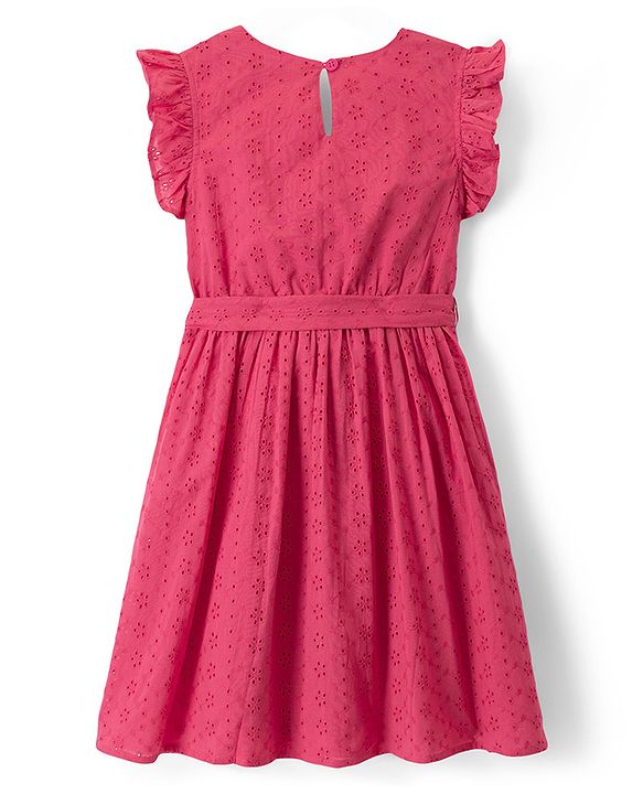 Pine Kids Schiffili Woven Half Puffed Sleeves Solid Colour Dress- Fuchsia