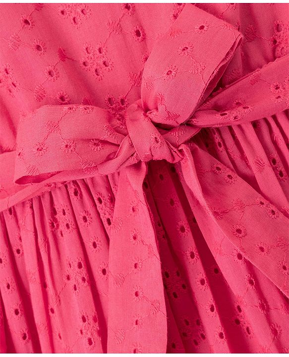 Pine Kids Schiffili Woven Half Puffed Sleeves Solid Colour Dress- Fuchsia