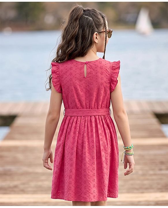 Pine Kids Schiffili Woven Half Puffed Sleeves Solid Colour Dress- Fuchsia
