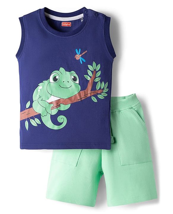 Babyhug Knit Sleeveless Tank T-Shirt & Shorts Set with Chameleon - Navy Blue & Green