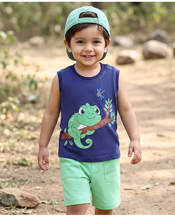 Babyhug Knit Sleeveless Tank T-Shirt & Shorts Set with Chameleon - Navy Blue & Green