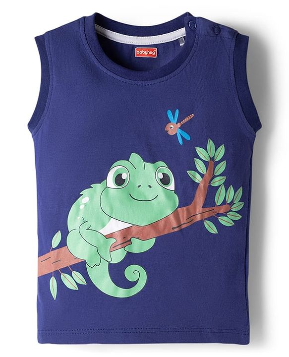 Babyhug Knit Sleeveless Tank T-Shirt & Shorts Set with Chameleon - Navy Blue & Green