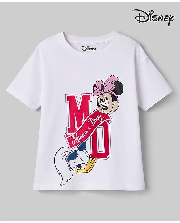 Pine Kids Disney Single Jersey  Knit Half Sleeves T-Shirt With Minnie Mouse & Friends Graphics - White
