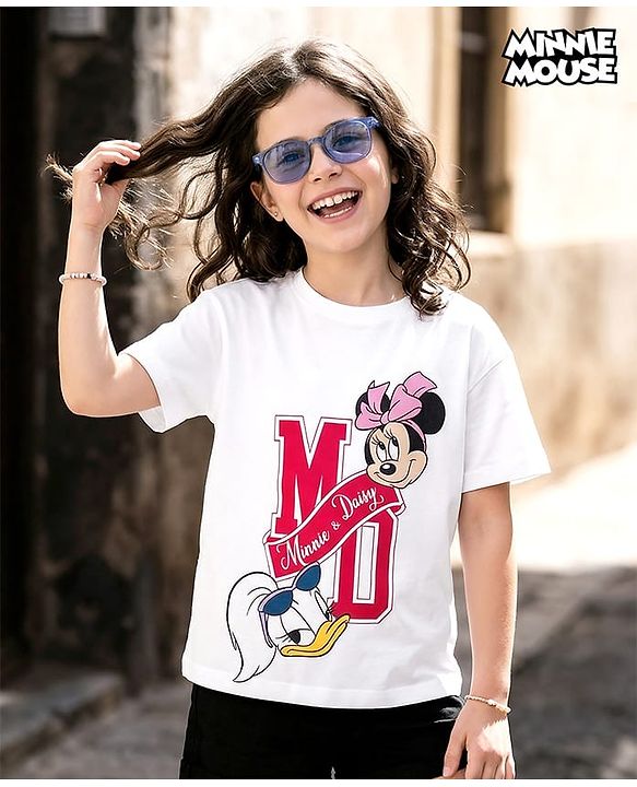 Pine Kids Disney Single Jersey  Knit Half Sleeves T-Shirt With Minnie Mouse & Friends Graphics - White