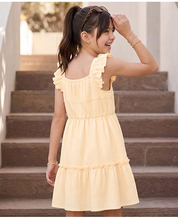 Pine Kids Cotton Woven One Piece Dress with Ruffled Sleeves and Embroidered Yoke Beige 4-5 Years