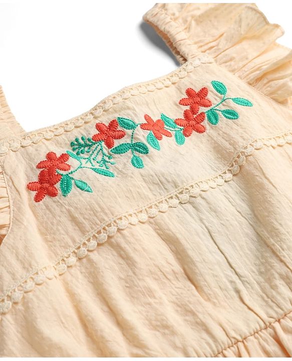 Pine Kids Cotton Woven One Piece Dress with Ruffled Sleeves and Embroidered Yoke Beige 4-5 Years