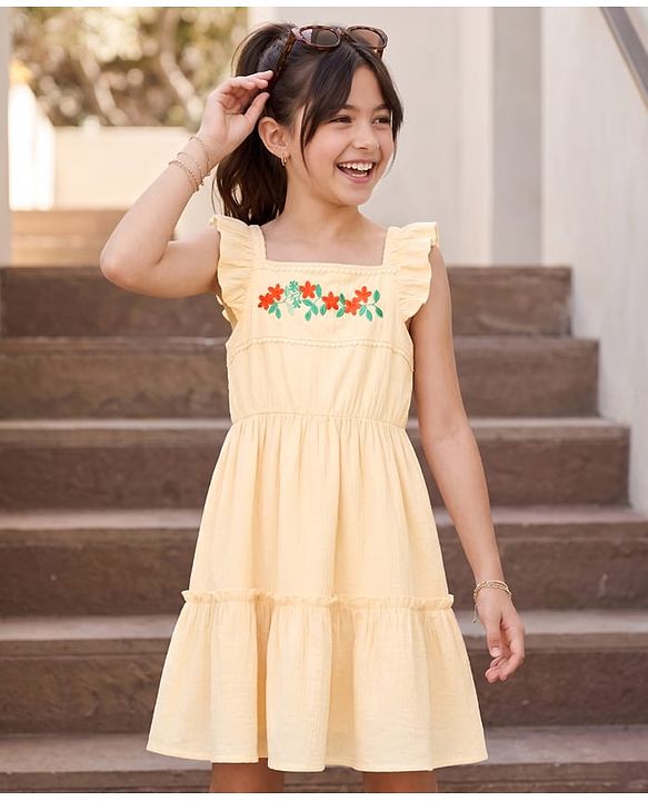 Pine Kids Cotton Woven One Piece Dress with Ruffled Sleeves and Embroidered Yoke Beige 4-5 Years