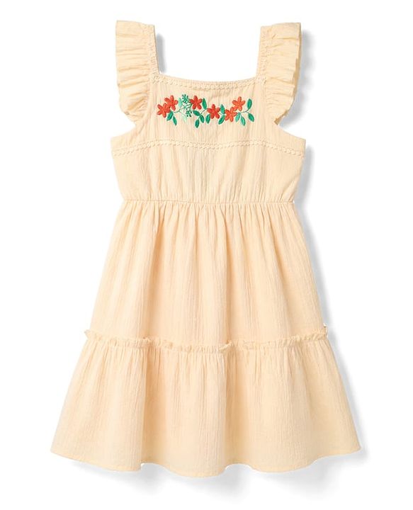 Pine Kids Cotton Woven One Piece Dress with Ruffled Sleeves and Embroidered Yoke Beige 4-5 Years