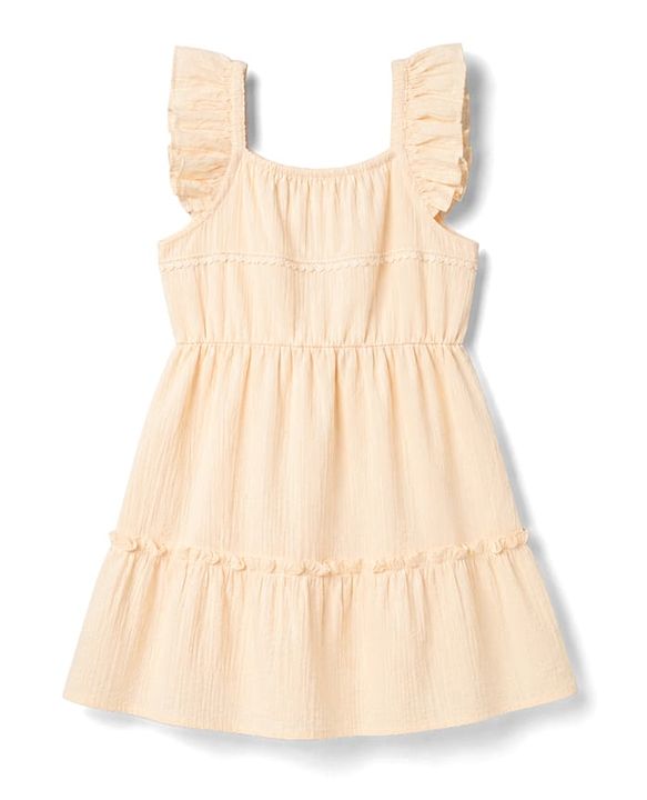 Pine Kids Cotton Woven One Piece Dress with Ruffled Sleeves and Embroidered Yoke Beige 4-5 Years
