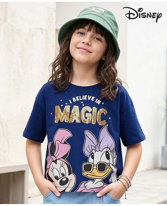 Pine Kids Disney Cotton Knit Half Sleeves T-Shirt With Minnie Mouse & Friends Graphic - Navy Blue