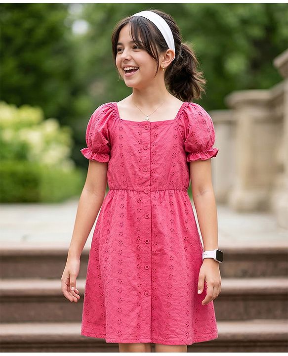 Pine Kids Schiffili Woven Sleeveless Solid Colour Dress - Fuchsia