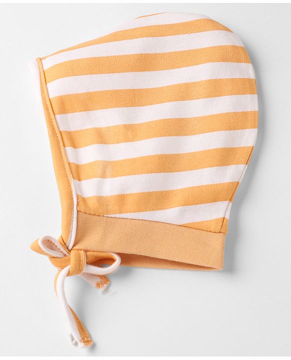 Babyhug 100% Cotton Interlock Knit Striped Caps with Giraffe Lion Elephant Pack of 2 Light Orange Light Green - Diameter 10 cm