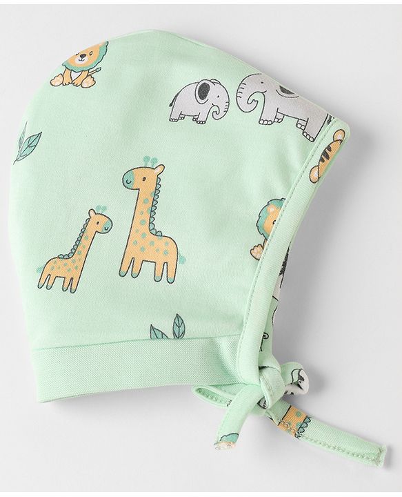 Babyhug 100% Cotton Interlock Knit Striped Caps with Giraffe Lion Elephant Pack of 2 Light Orange Light Green - Diameter 10 cm