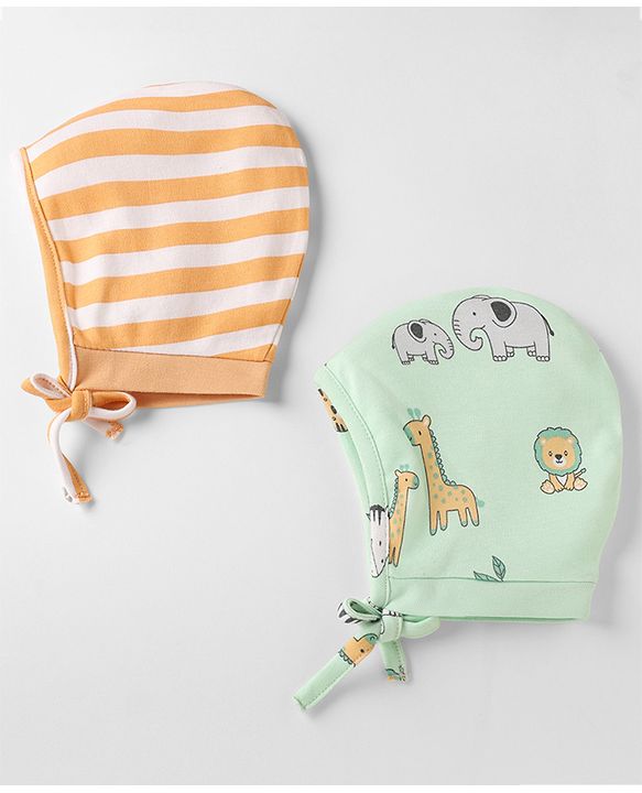 Babyhug 100% Cotton Interlock Knit Striped Caps with Giraffe Lion Elephant Pack of 2 Light Orange Light Green - Diameter 10 cm