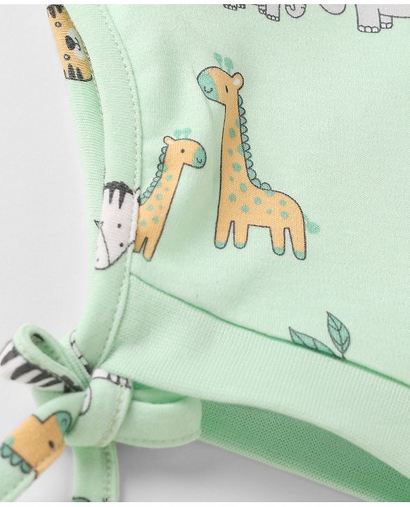 Babyhug 100% Cotton Interlock Knit Striped Caps with Giraffe Lion Elephant Pack of 2 Light Orange Light Green - Diameter 10 cm