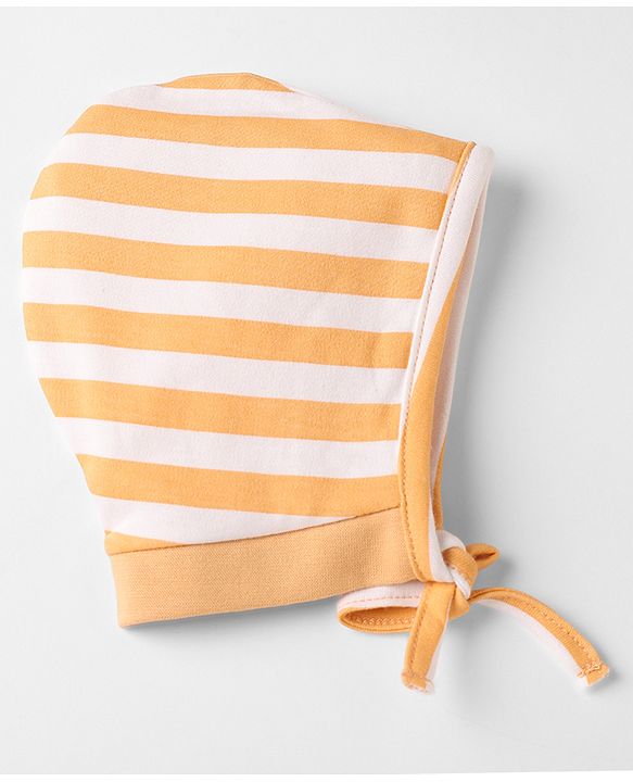 Babyhug 100% Cotton Interlock Knit Striped Caps with Giraffe Lion Elephant Pack of 2 Light Orange Light Green - Diameter 10 cm