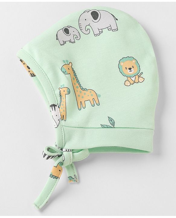 Babyhug 100% Cotton Interlock Knit Striped Caps with Giraffe Lion Elephant Pack of 2 Light Orange Light Green - Diameter 10 cm