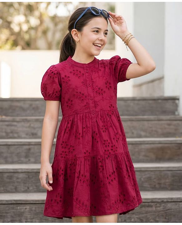 Pine Kids Schiffili Woven Half Sleeves Solid Coloured Tiered Dress - Red
