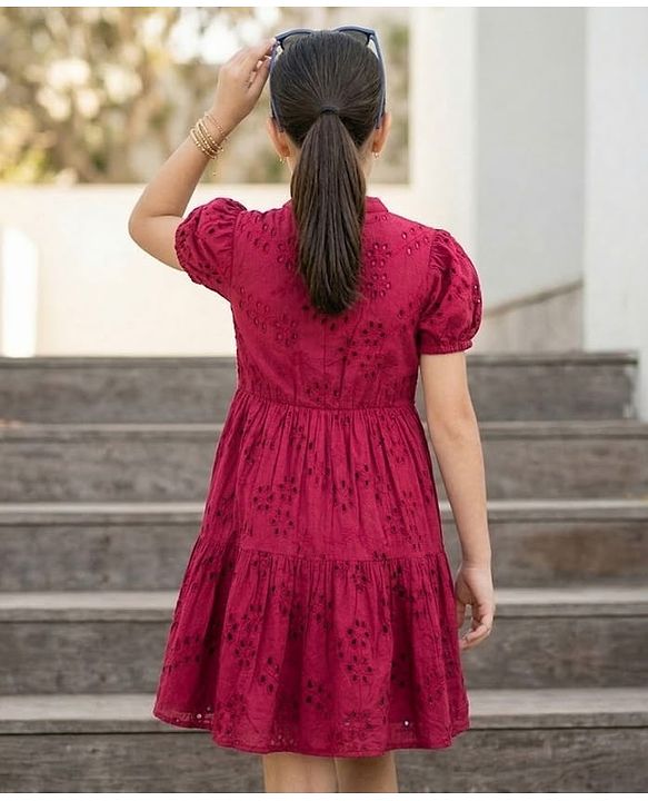 Pine Kids Schiffili Woven Half Sleeves Solid Coloured Tiered Dress - Red