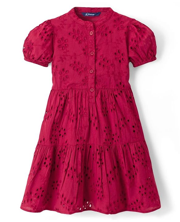 Pine Kids Schiffili Woven Half Sleeves Solid Coloured Tiered Dress - Red