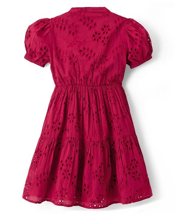 Pine Kids Schiffili Woven Half Sleeves Solid Coloured Tiered Dress - Red