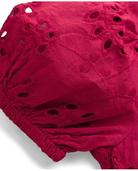 Pine Kids Schiffili Woven Half Sleeves Solid Coloured Tiered Dress - Red