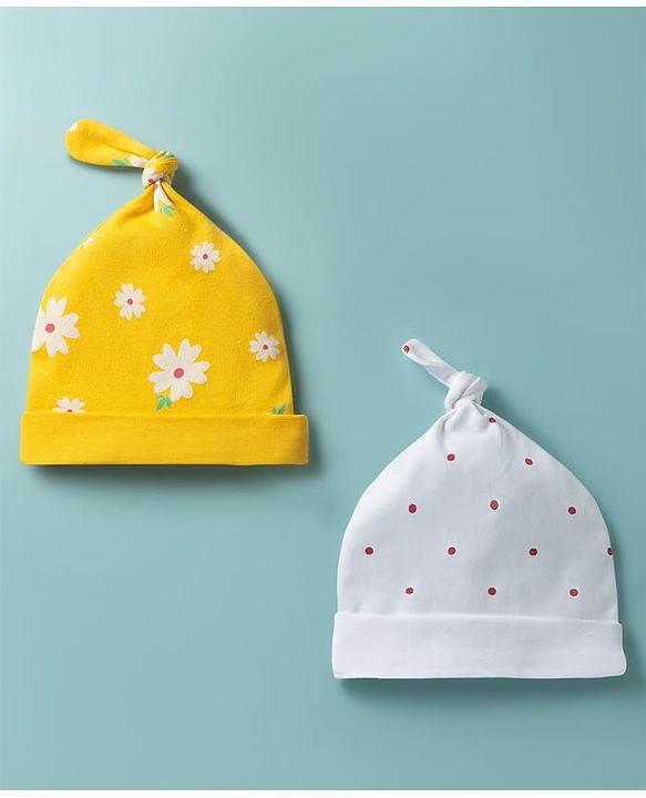 Babyhug 100% Cotton Knit Caps with Floral & Polka Dot Print Pack of 2 Multicolor - Diameter 21 cm