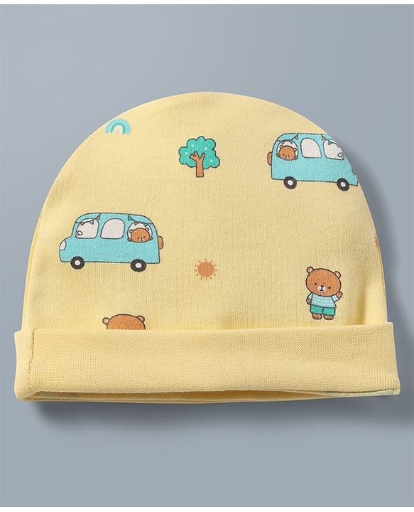 Babyhug 100% Cotton Knit Star & Vehicles Printed Caps Pack Of 2 - Diameter 9 cm