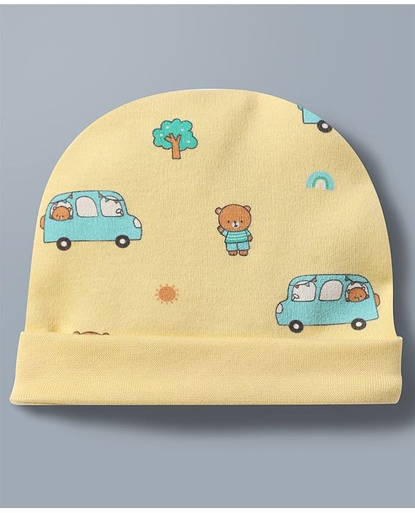 Babyhug 100% Cotton Knit Star & Vehicles Printed Caps Pack Of 2 - Diameter 9 cm