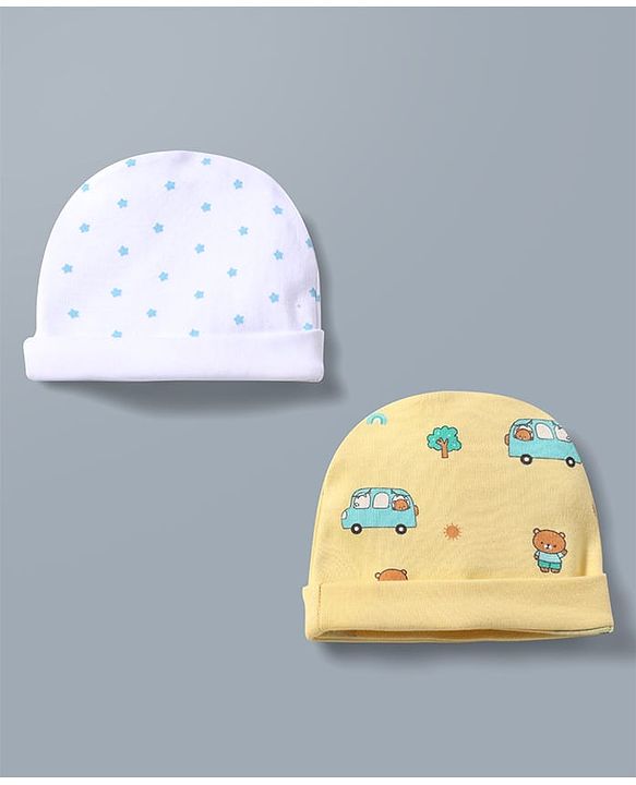 Babyhug 100% Cotton Knit Star & Vehicles Printed Caps Pack Of 2 - Diameter 9 cm