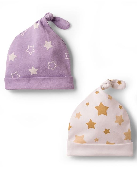 Babyhug 100% Cotton Knit Caps with Star Print Pack of 2 Multicolor - Diameter 9.5 cm