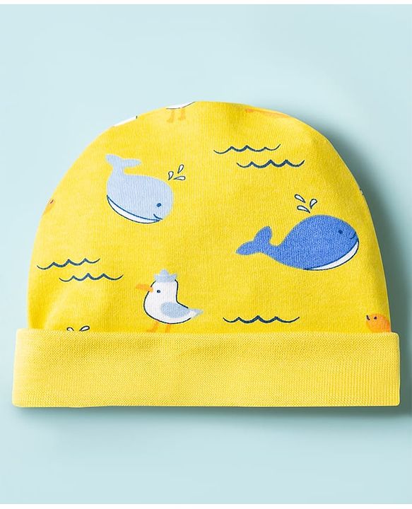 Babyhug 100% Cotton Knit Cap Mittens & Booties with Whale Print Multicolor - Diameter 10 cm